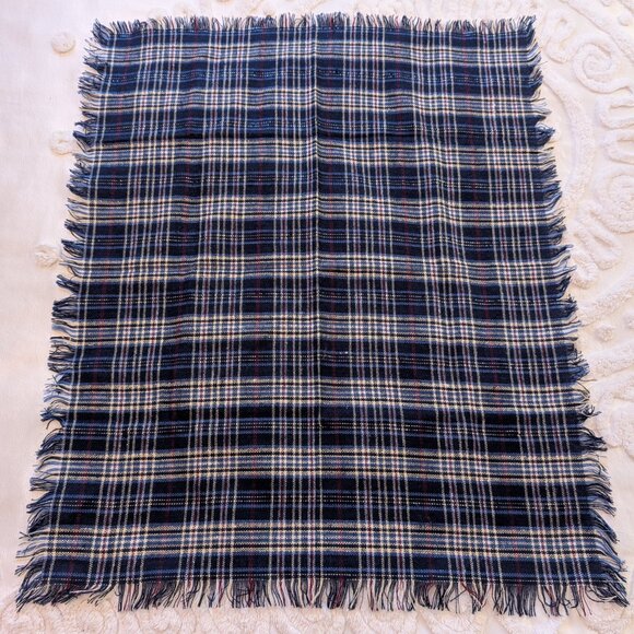 Fringed plaid small neck scarf EUC blue white yellow burgundy silver - Picture 2 of 6